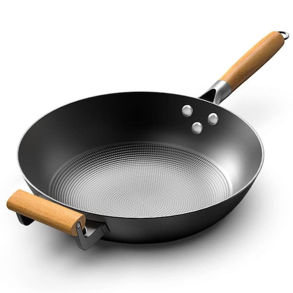Nonstick Wok Pan 12.6  in. Dia Black Carbon Steel Whitford Coating Detachable Wooden Handle All Cooktop Compatible