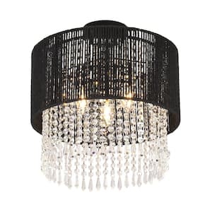 14.97 in. 3-Light Semi-Flush Mount with Rattan Shade and No Bulbs Included