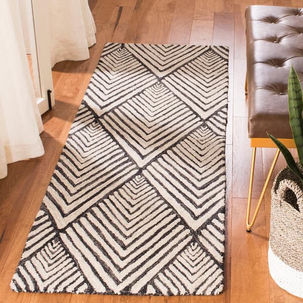 Micro-Loop Charcoal/Ivory 3 ft. x 9 ft. Geometric Striped Diamonds Runner Rug