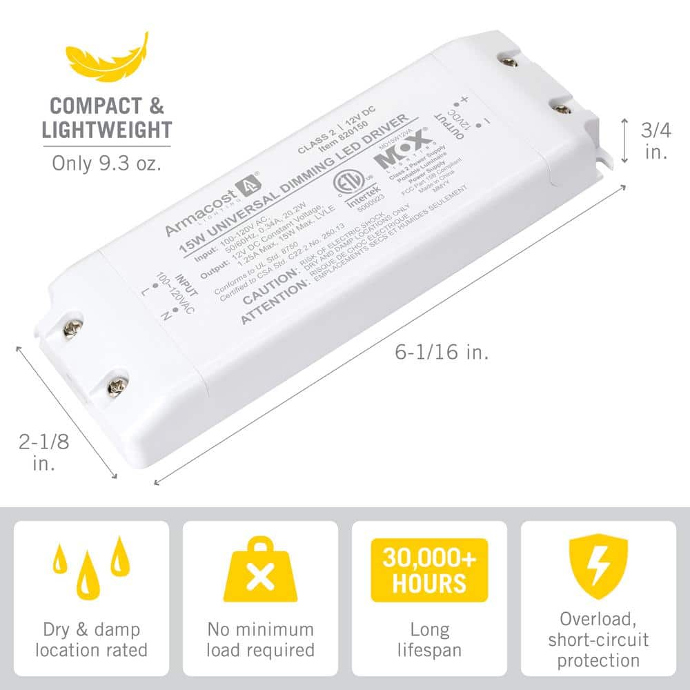 15W White Universal Dimmable LED Driver with Power Cord