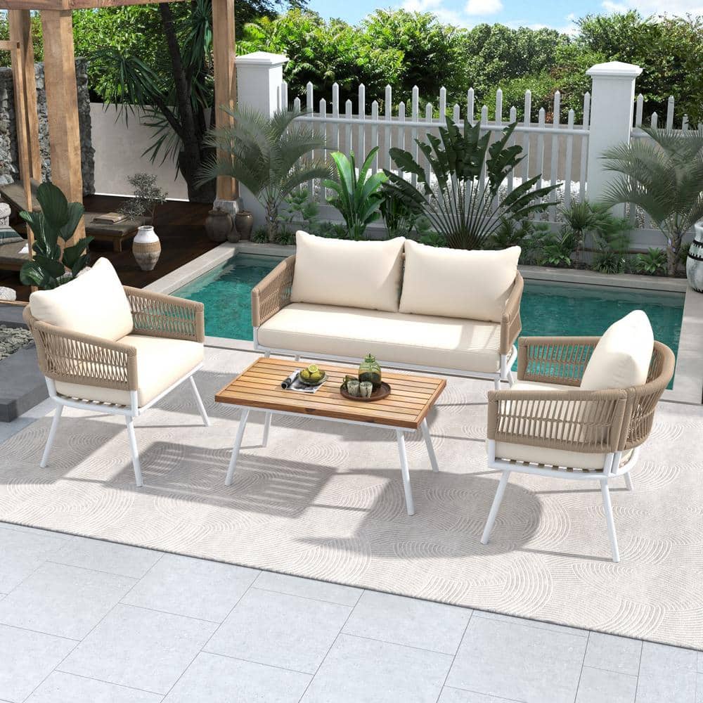 4-Piece Boho Rope Patio Conversation Set, Outdoor Furniture with Acacia Woo
