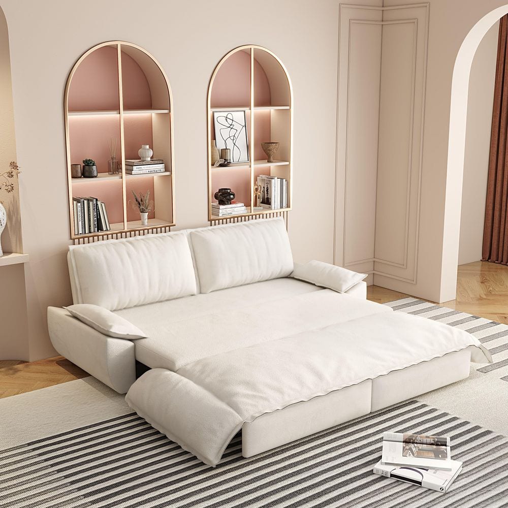 3-in-1 Convertible Beige 73.2 in. Soft Velvet Queen Size Sofa Bed with 2-Soft Pillows