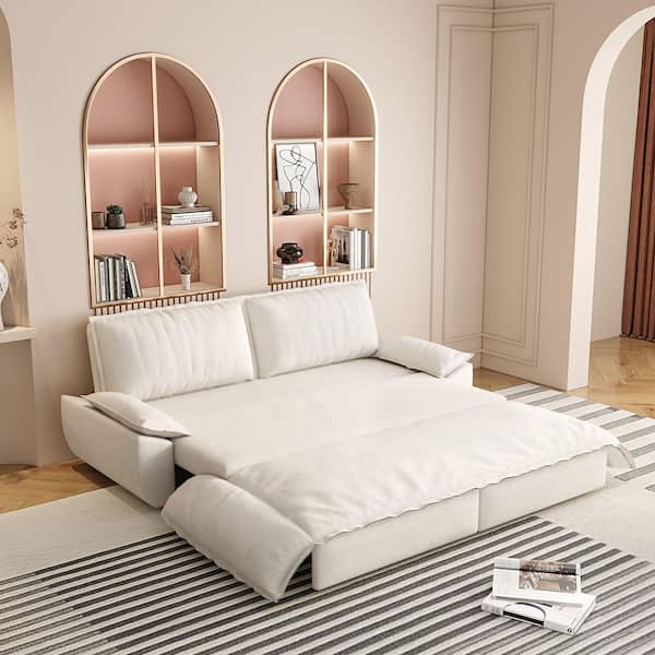 Harper & Bright Designs 3-in-1 Convertible Beige 73.2 in. Soft Velvet Queen Size Sofa Bed with 2-Soft Pillows