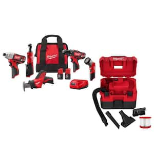 M12 12V Li-Ion Cordless Combo Kit (5-Tool) with Two 1.5Ah Batteries, Charger & Tool Bag M12 FUEL 1.6 Gal. Wet/Dry Vacuum