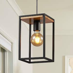 Black Farmhouse Kitchen Pendant Lighting Fixture 1-Light Rustic Wood Cage Island Hanging Mini Pendant Light