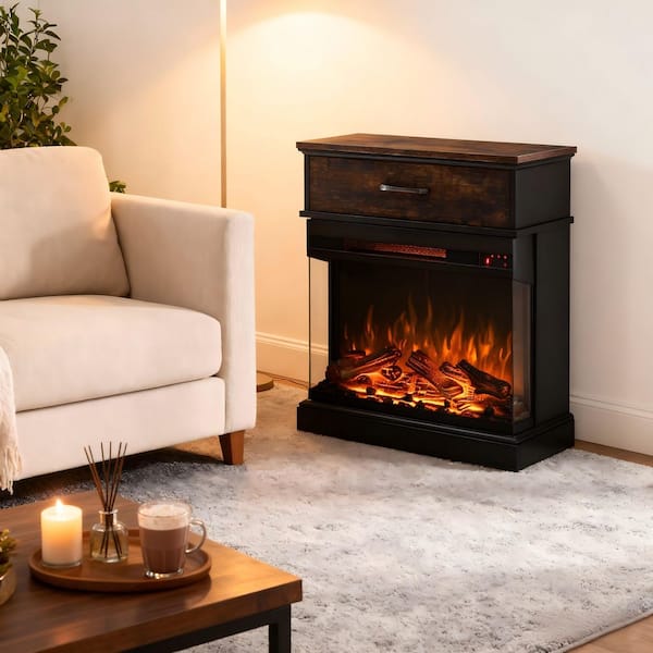 25 in. Freestanding Metal Infrared Electric Fireplace with 3-Side View Screen and Storage Mantel in Antique Black