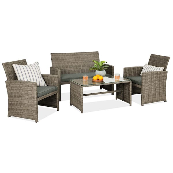 Best Choice Products Taupe 4-Pieces Wicker Patio Conversation Set with Slate Green Cushions, 4 Seats, Tempered Glass Table Top