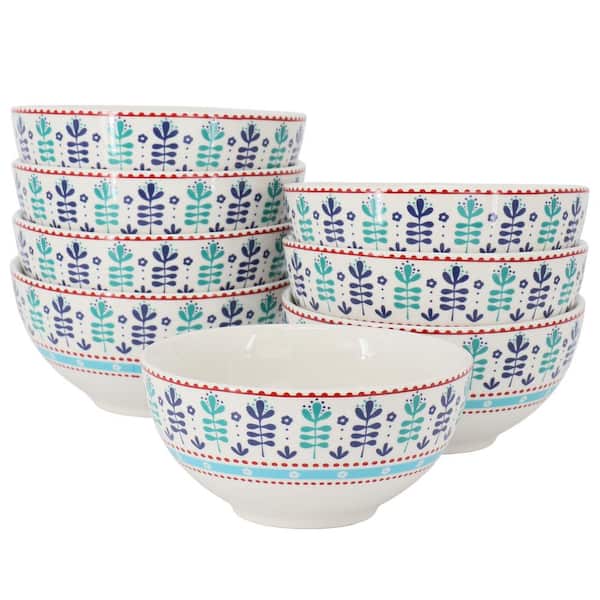 Gibson Home Village Vines Floral 8 Piece 20fl. oz. 6 Inch Fine Ceramic Bowl Set in White and Multi Blue