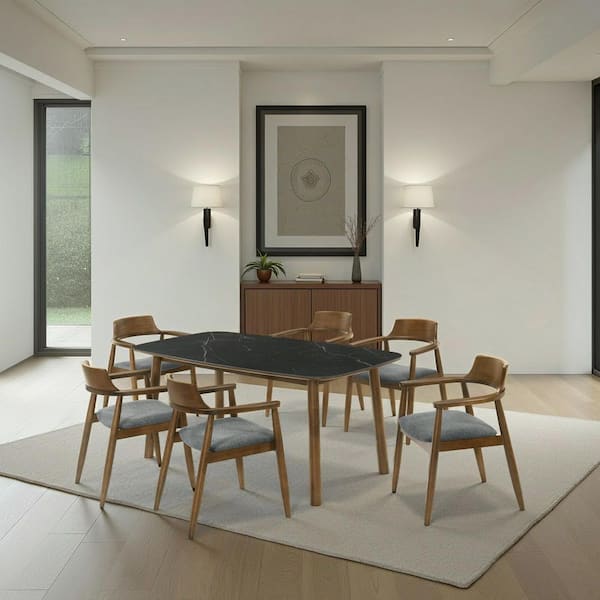 Armen Living Emorie Mid-Century Modern 7-Piece Rectangular Charcoal/Walnut Sintered Stone Top Dining Table Set Seats 6