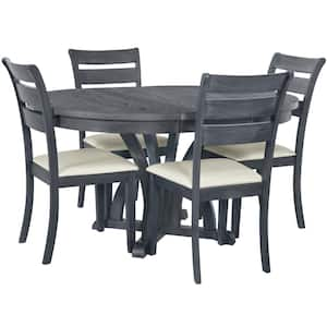 Outdoor 5-Piece Wood Patio Conversation Set with Beige Cushions, Farmhouse Round Pedestal Extending Dining Table Set