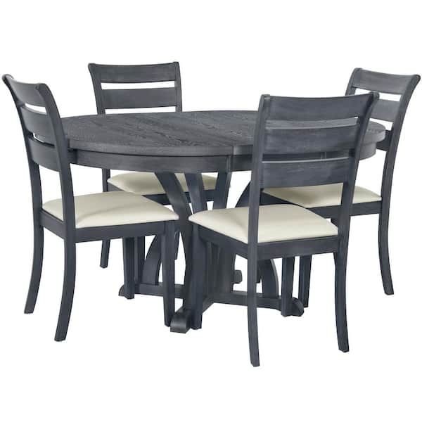 XUJMK Outdoor 5-Piece Wood Patio Conversation Set with Beige Cushions, Farmhouse Round Pedestal Extending Dining Table Set