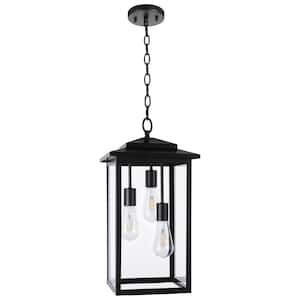 21 in. 3-Light Matte Black Outdoor Hanging Pendant Light with Clear Glass
