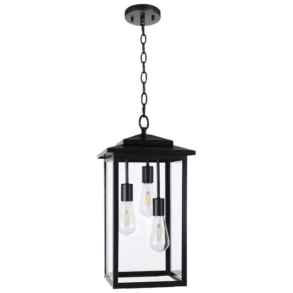 LamQee 21 in. 3-Light Matte Black Outdoor Hanging Pendant Light with Clear Glass