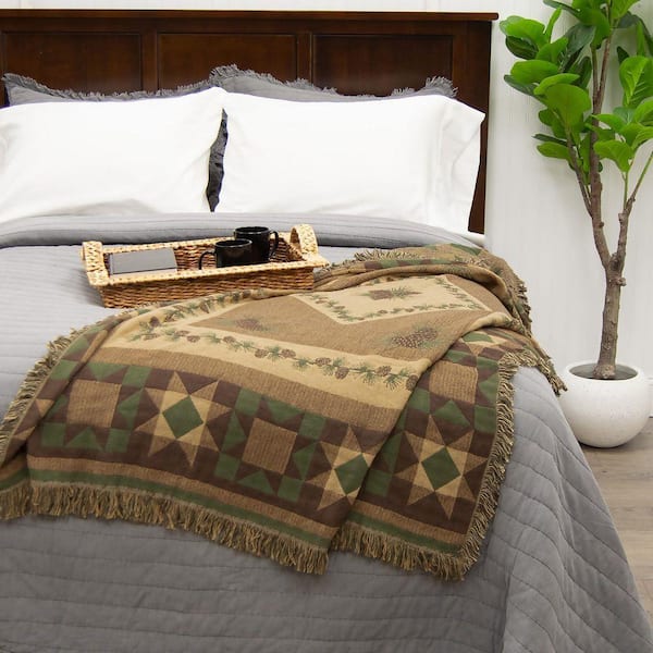 Matelasse Antique Pine Brown and Green Polyester Throw Blanket