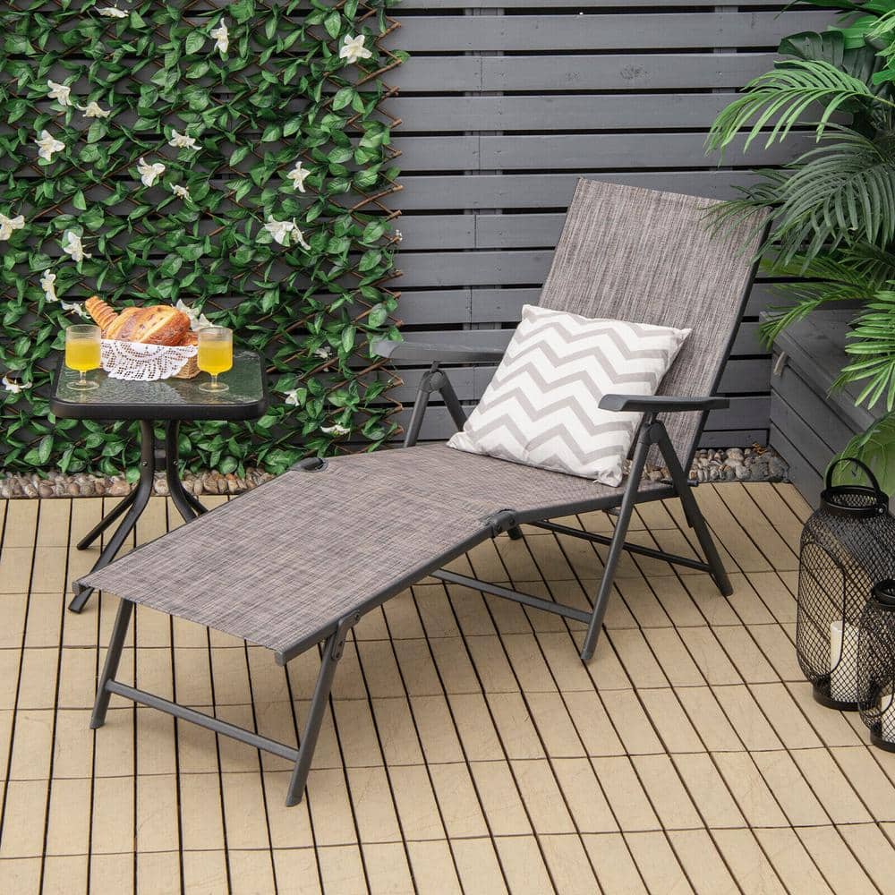 2-Piece Gray Foldable Metal Outdoor Chaise Lounges with 2-Position Footrest