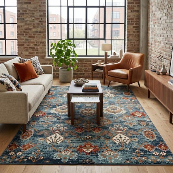 Allure 8 x 10 Teal Blue Oriental Pattern Area Rug for High Traffic Living Room Dining Room Bedroom