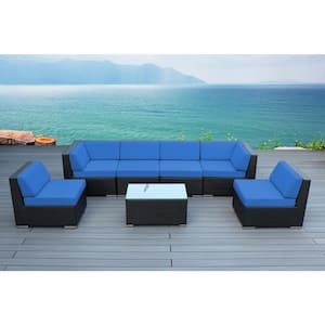 Ohana Black 7-Piece Wicker Patio Seating Set with Supercrylic Blue Cushions