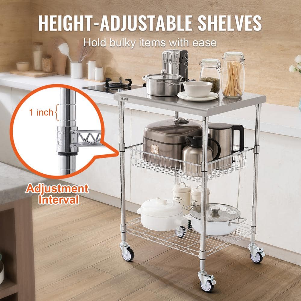 Silver 3-Tier Steel Utility Cart with Adjustable Shelves and Wheels