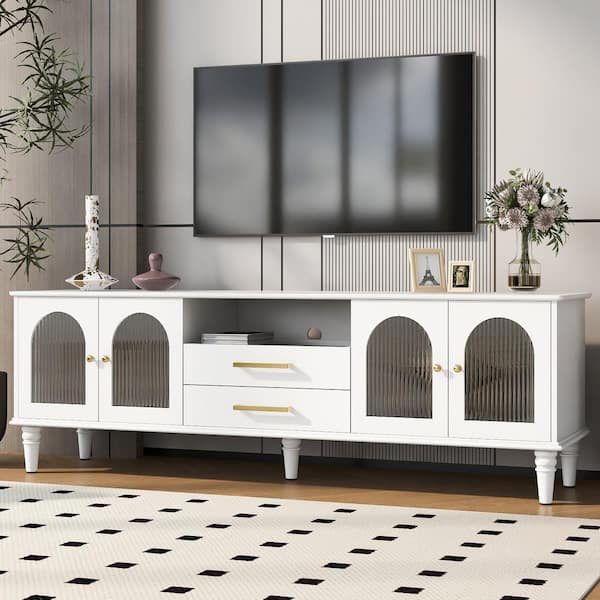 Harper & Bright Designs White Retro TV Stand Fits TV's up to 75 in. with Arched Style Fluted Glass Doors and 5-Solid Wood Legs