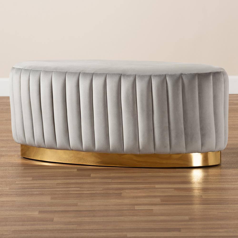 Kirana Gold-Tone PU Leather and Grey Velvet Tufted Ottoman