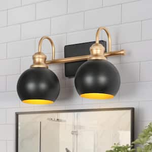 Farmhouse Gold Globe Vanity Light, 14 in. 2-Light Modern Black Bathroom Wall Light Sconce