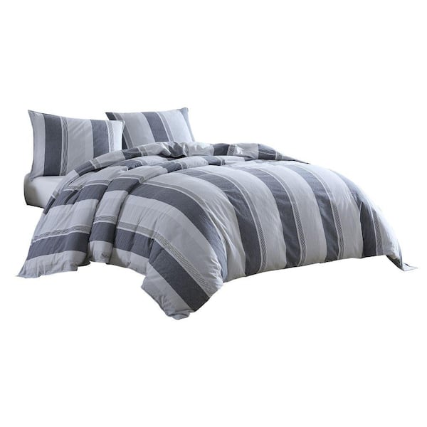 Benjara 3-Piece Gray Striped Microfiber King Comforter Set