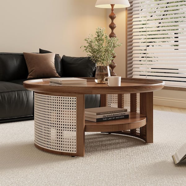 31.5 in. Burlywood Round Bamboo Rattan Top Coffee Table
