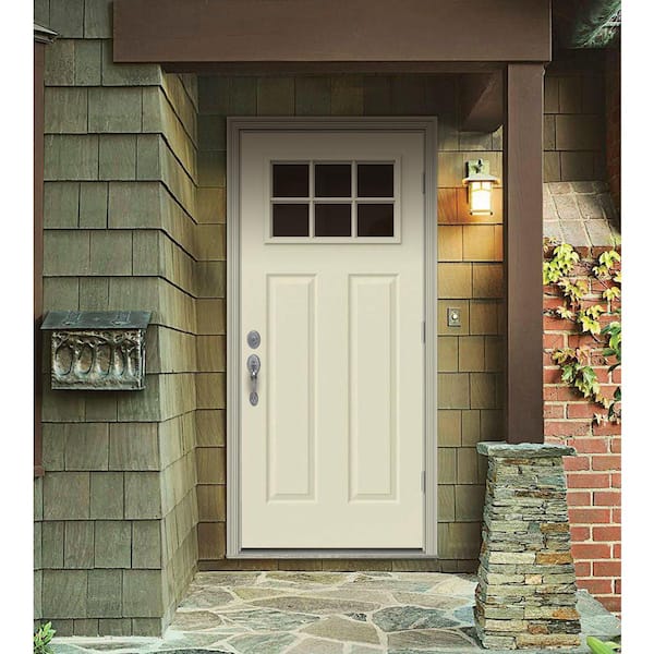 30 in. x 80 in. 6 Lite Craftsman Vanilla Painted Steel Prehung Left-Hand Outswing Front Door w/Brickmould