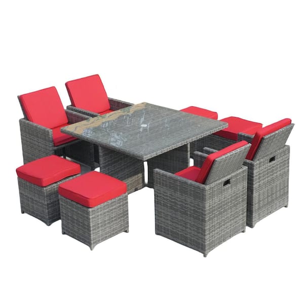 DIRECT WICKER Industry Grey 9 of Piece Wicker Square Outdoor Dining Set with Red Cushions
