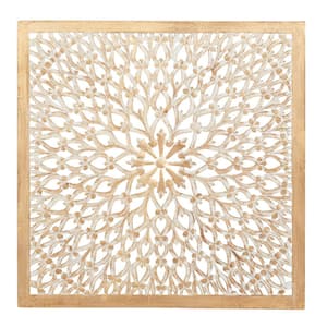 36 in. x 36 in. Wood Light Brown Handmade Intricately Carved Floral Wall Decor with Mandala Design