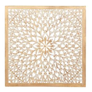 Wood Light Brown Handmade Intricately Carved Floral Wall Decor with Mandala Design