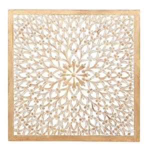 36 in. x  36 in. Wood Light Brown Handmade Intricately Carved Floral Wall Decor with Mandala Design