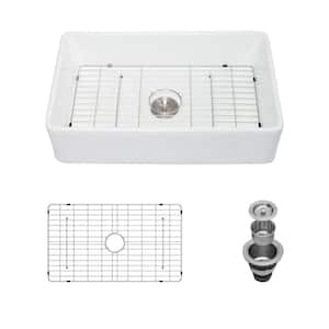 White Fireclay 33 in. Single Bowl Farmhouse Apron Workstation Kitchen Sink with Bottom Grid
