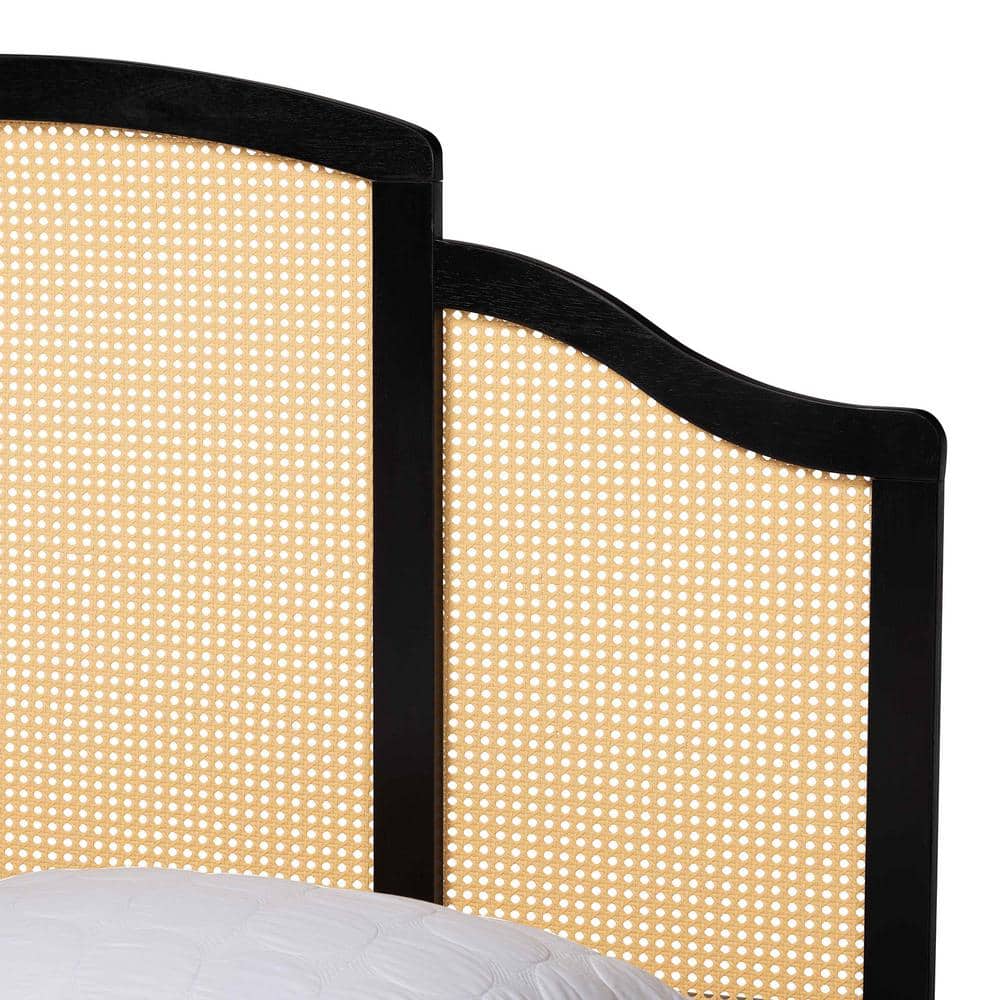 Queen Black Wood Platform Bed with Woven Rattan Headboard