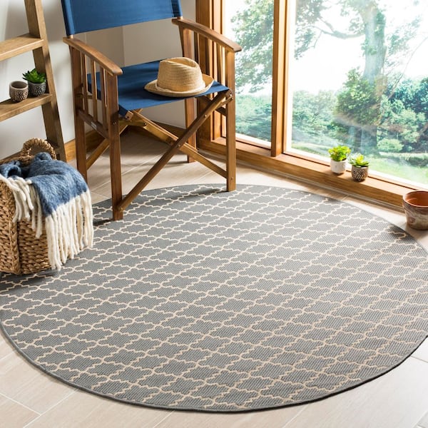 Courtyard Blue/Beige 8 ft. x 8 ft. Round Geometric Indoor/Outdoor Patio  Area Rug
