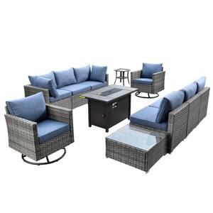 Messi Gray 11-Piece Wicker Patio Conversation Sectional Sofa Fire Pit Set with Swivel Chairs and Denim Blue Cushions