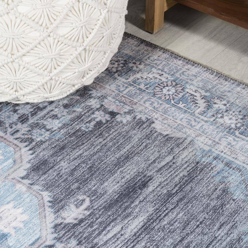 Gray and Blue Chenille Medallion Washable Area Rug
