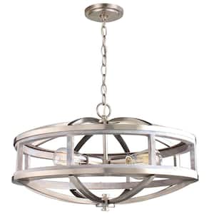 Montrose 19 in. W x 12.63 in. H 4-Light Acacia Wood and Brushed Nickel Round Pendant Light with Open Cage Metal Frame