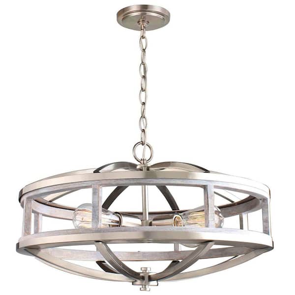 Eglo Montrose 19 in. W x 12.63 in. H 4-Light Acacia Wood and Brushed Nickel Round Pendant Light with Open Cage Metal Frame
