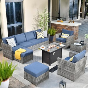 Eufaula Gray 10-Piece Wicker Modern Outdoor Patio Conversation Sofa Set with a Steel Fire Pit and Denim Blue Cushions