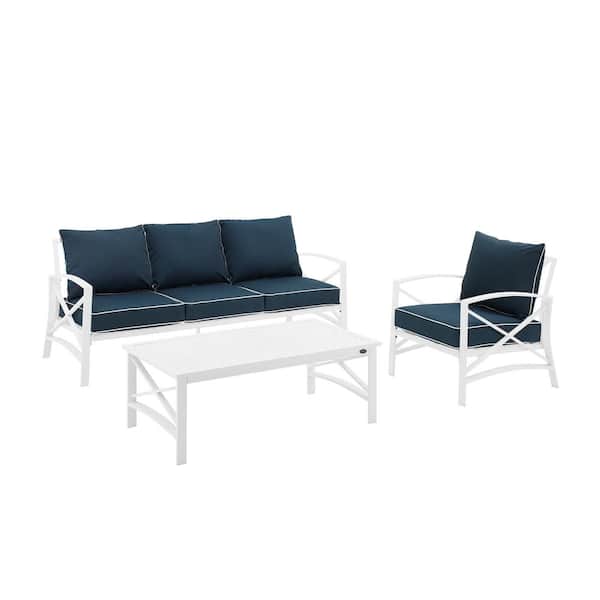 CROSLEY FURNITURE Kaplan White 3-Piece Metal Patio Conversation Set with Navy Cushions