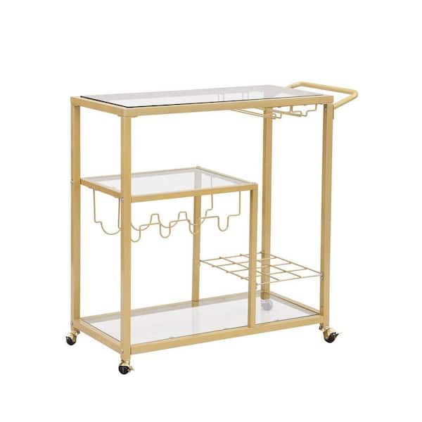 MOEPISY Rolling Bar Carts Gold with Wheels Bar Serving Cart with Glass Wine Holders 3 Tier Outdoor Tables Serving Bars