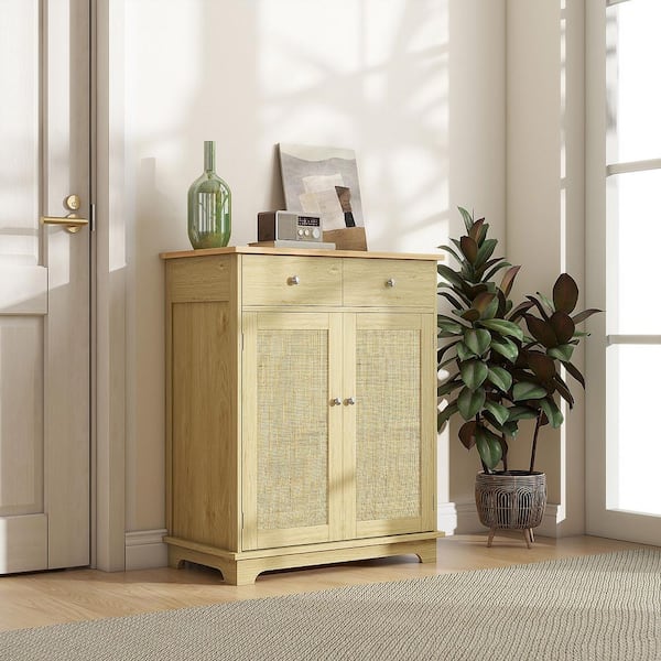 HOMCOM Natural Rattan Wood 26.75 in. Sideboard with 2-Doors and Shelves