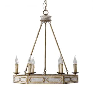 Farmhouse 6-Light Gold and Gray Candle Style Wagon Wheel Chandelier for Living Room Dining Room