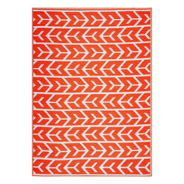Amsterdam Orange White 5 ft. x 7 ft. Modern Reversible Recycled Plastic Indoor/Outdoor Area Rug-Floor Mat