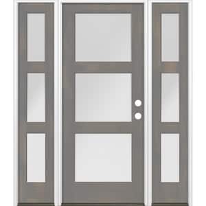 64 in. x 80 in. Modern Douglas Fir 3-Lite Left-Hand/Inswing Frosted Glass Grey Stain Wood Prehung Front Door w/ DSL