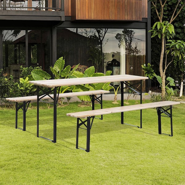3-Piece Steel Light Brown Wood Portable Folding Picnic Table, Bench Set, Dining Set for Outdoor Dining and Gathering