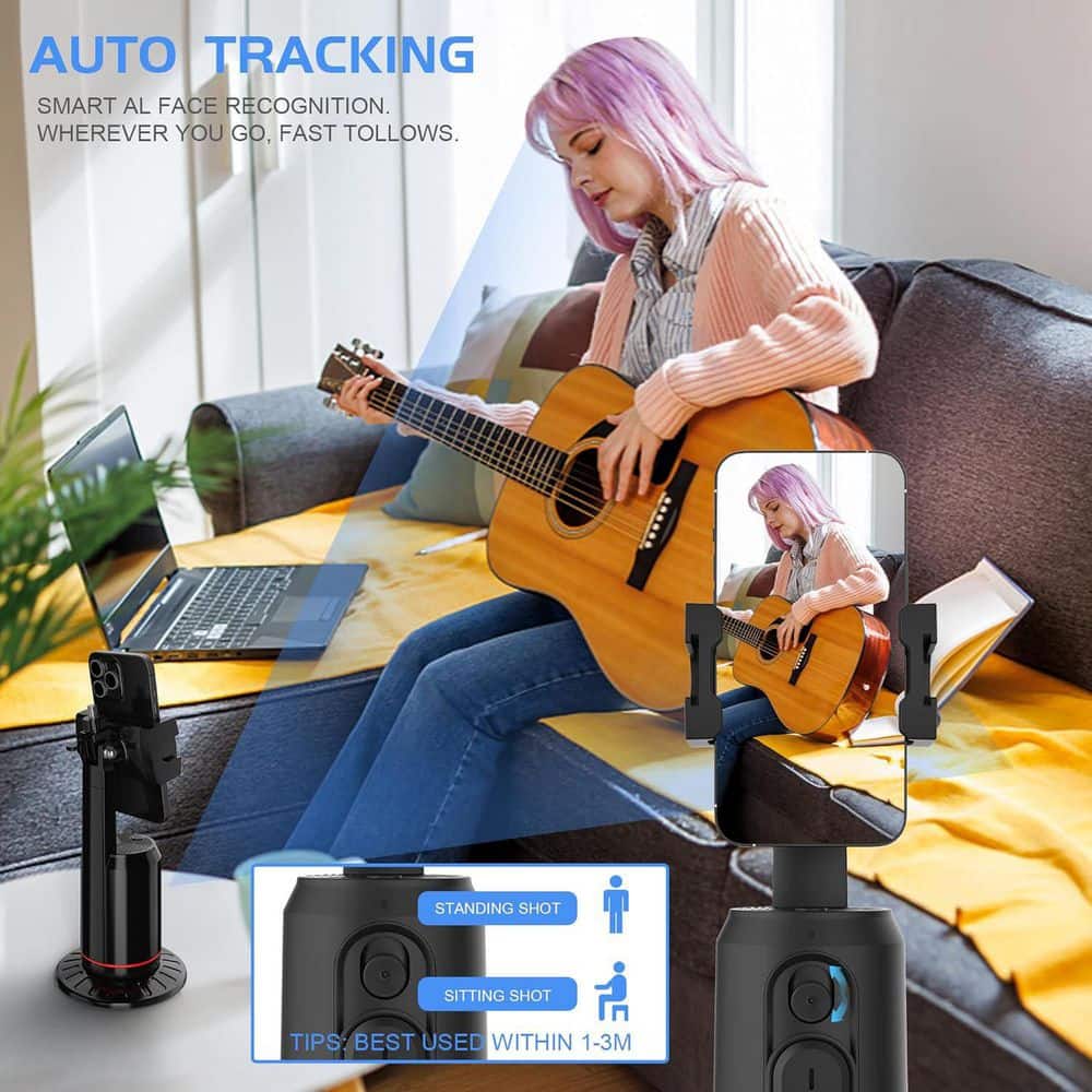 360° Auto Tracking Phone Holder with Remote, Rotating Stand for iPhone, GoPro, Compact Camera, Vlog, Streaming, TikTok - Thumbnail 4