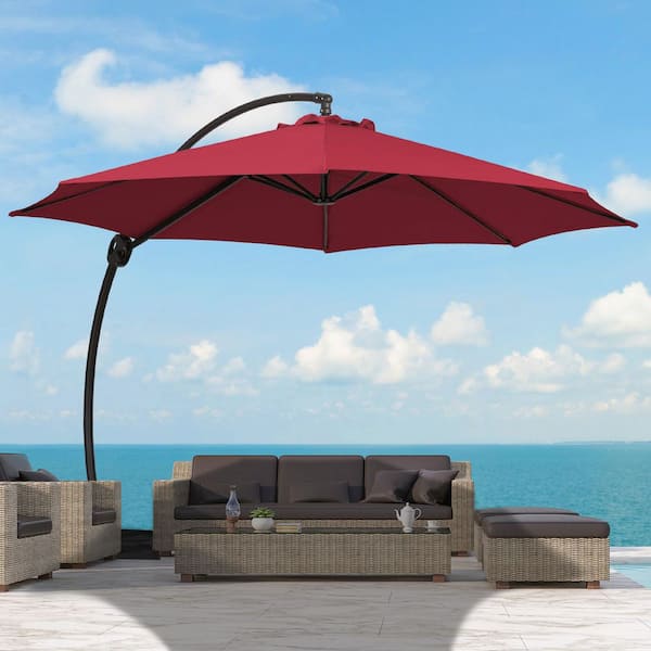 JEAREY 12 ft. Large Outdoor Aluminum Curvy Cantilever Offset Hanging Patio Umbrella with Sandbag Base and Cover in Red