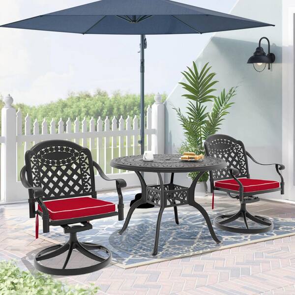 Willit Isabella 3-Piece Cast Aluminum Patio Outdoor Dining Set with Round Dining Table, 2 Swivel Chairs and 2 Red Cushions